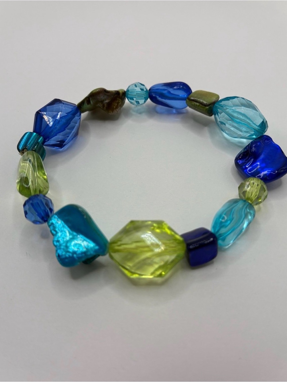 Chunky Green And Blue Stones And Shells Stretch Beaded Bracelet Casual Y2K Style